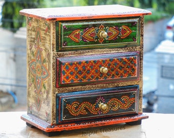 Wooden Small 3 Chest Of Drawer, Desk Oganizer, Handmade Hand Painted, Ethnic Indian Style
