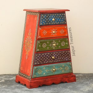 Wooden 5 Drawer Bedside, Indian Nightstand Table, Drawer Chest, Storage Table Drawer, Handmade Hand-Painted, Bedroom Furniture