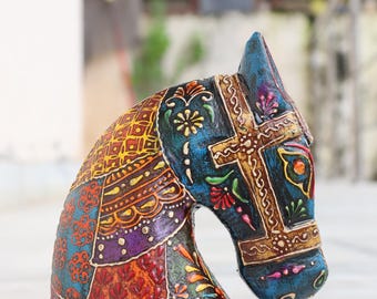 Hand Painted Wooden Horse Head | Folk Art Sculpture