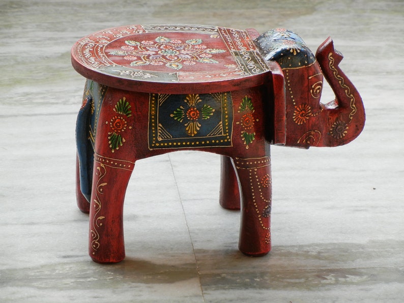 Wooden Elephant Stool, Side Table, End Table, Footstool, Ottoman, Pouffe, Bench chair, Indian Style, Handmade Hand Painted, Kids Stool image 3