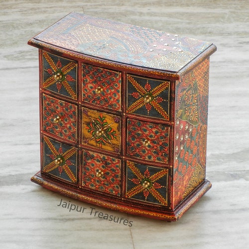 Wooden Small Chest Of Drawer, Desk Organiser, Handmade Hand shops Painted, Ethnic Indian Style