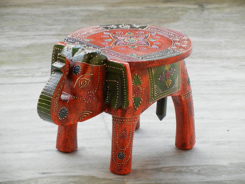 Wooden Elephant Stool, Side Table, End Table, Footstool, Ottoman, Pouffe, Bench chair, Indian Style, Handmade Hand Painted, Kids Stool image 5