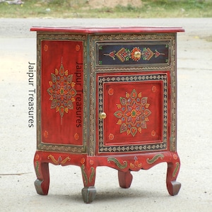 Painted Bedside Table, Wooden Cabinet, Nightstand, Indian Ethnic Style, Storage Table, Bedroom Furniture, Handmade Hand-Painted