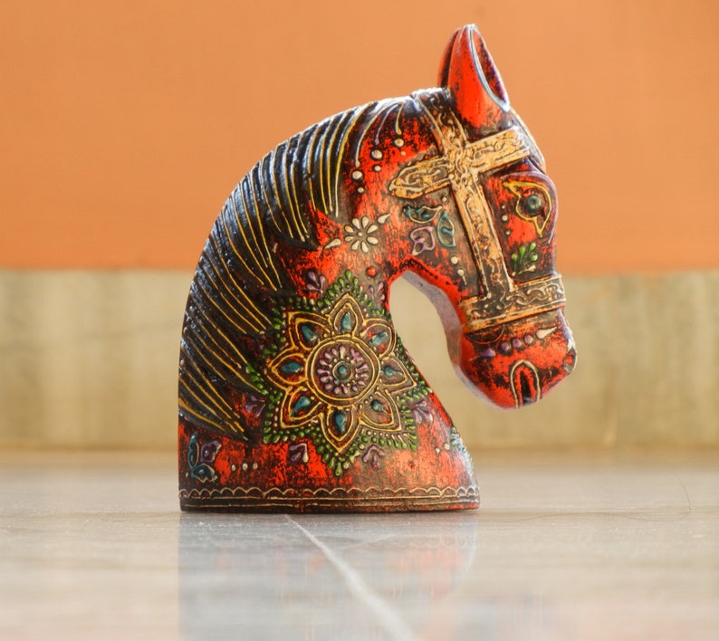 Wooden Colorful Horse Head, Statue, Figure, Showpiece, Home Decor, Handmade Hand Painted, Traditional Indian Style, Height 6 Inches image 3