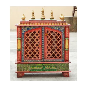 Wooden Temple Mandir Pooja Ghar Mandapam for Worship, Handmade Hand-Painted Home Temple Altar Box