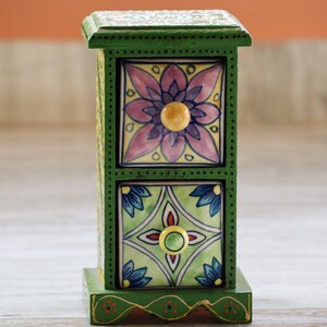 Houten & keramische 2 ladekast, bureau organisator, handgemaakte hand geschilderd, etnische, Indiase stijl, groene kleur, hoogte 9 inch afbeelding 4