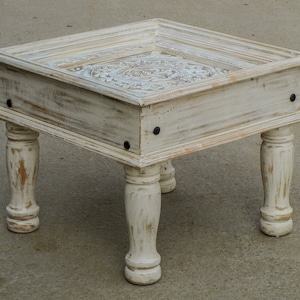 Wooden Distressed Coffee Table Square Side, End Table Handmade Indian Style Detachable Painted Stool