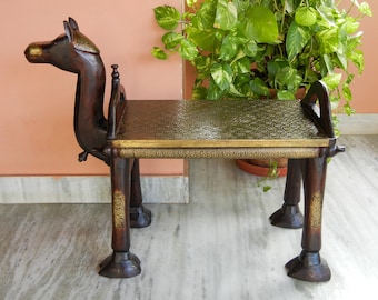 Wooden & Brass Camel Bench, Pouffe, Ottoman, Low seat, Stool, Footstool, Chair, Handmade Indian  Ethnic Style