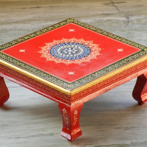 Wooden Handmade Hand Painted Colorful Rangoli Design Indian Chowki, Bajot, Footstool, Table, Bed Table, Coffee Table image 2