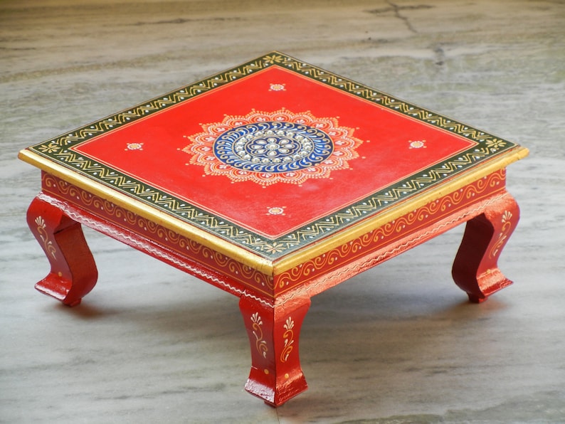 Wooden Handmade Hand Painted Colorful Rangoli Design Indian Chowki, Bajot, Footstool, Table, Bed Table, Coffee Table image 2