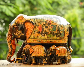 Wooden Elephant Statue Figure, Fine Hand Painted, Showpiece, Home Decor, Handmade, Traditional Indian Style, Height 5 Inches, Figurine
