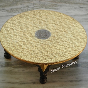 Wooden and Brass Round Chowki, Bajot, Footstool, Table, Bed Table, Indian Ethnic Style, Handmade Hand-Painted