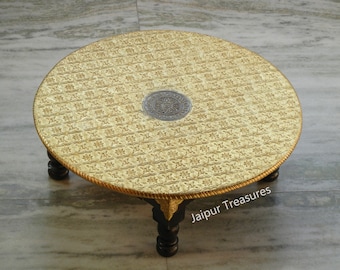 Wooden and Brass Round Chowki, Bajot, Footstool, Table, Bed Table, Indian Ethnic Style, Handmade Hand-Painted