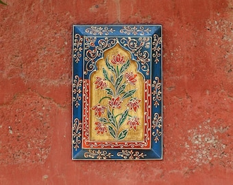 Marco de pared de madera azul pintado a mano – Arte popular indio para colgar en la pared – Marco decorativo étnico de madera para la decoración del hogar