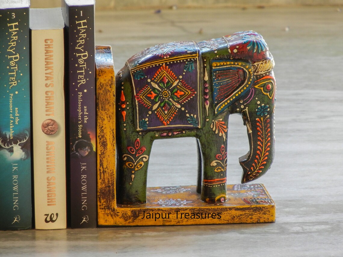Wooden Elephant Bookend Handmade Hand Painted Traditional Etsy