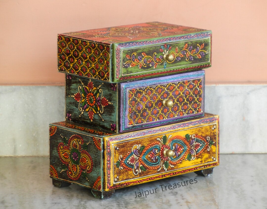 Wooden Small 3 Drawer Chest, Desk Organiser, Handmade Handpainted