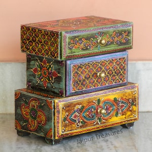 Wooden Small 3 Drawer Chest, Desk Organiser, Handmade Hand-Painted, Ethnic Indian Style