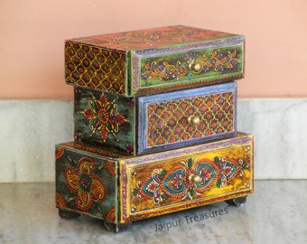 Wooden Small 3 Drawer Chest, Desk Organiser, Handmade Hand-Painted, Ethnic Indian Style