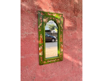 Espejo de pared pintado de madera, estilo étnico tradicional indio, hecho a mano y pintado a mano, decoración de pared, colgante de pared