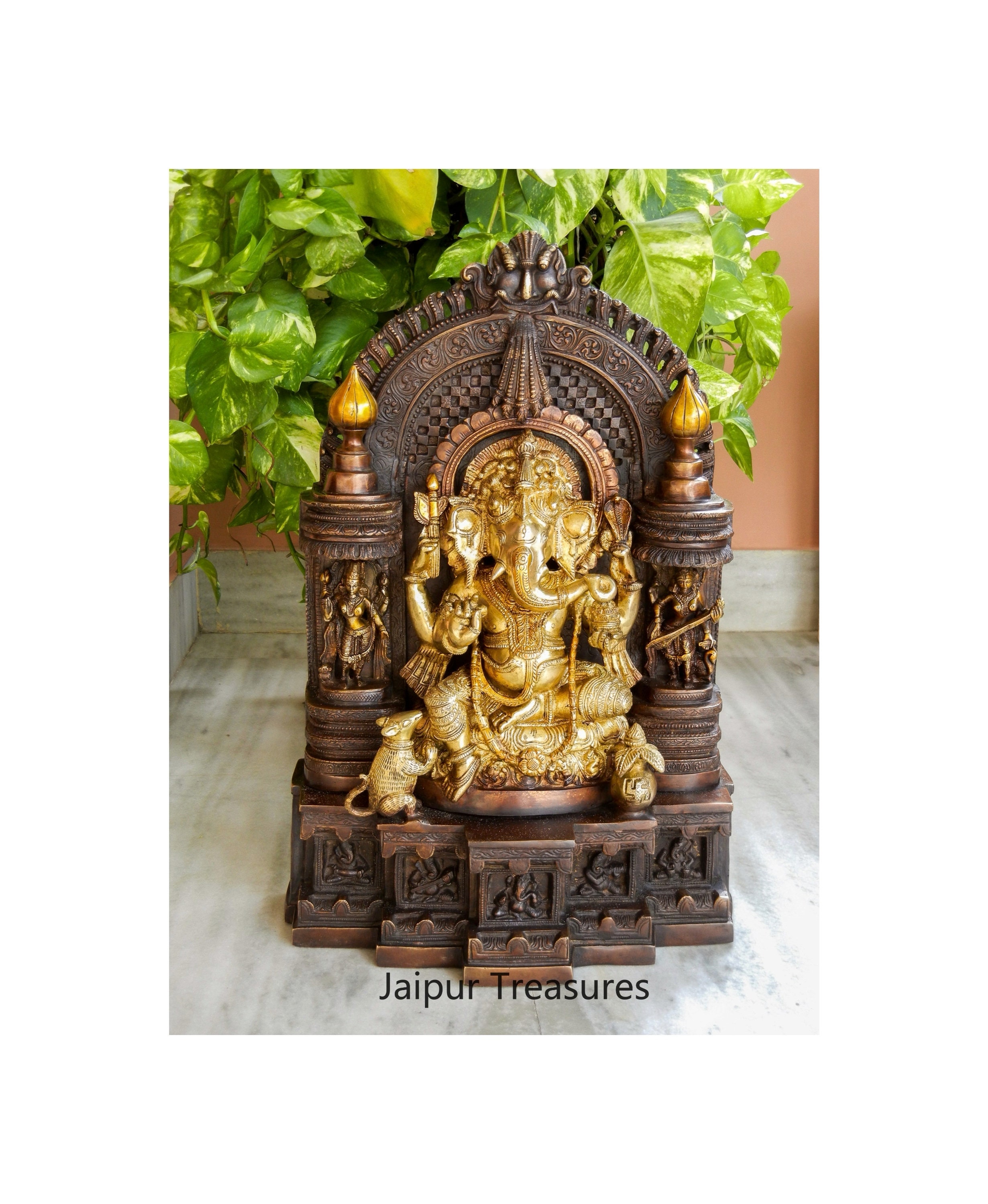 Brass Ganesha On Singhasan Sculpture - Lord Ganesh Statue for Home Decor, Diwali & Housewarming Gifts