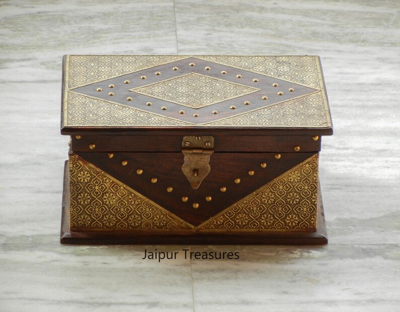 Wooden & Brass Jewelry Box, Treasure Box, Miniature Trunk Style Box ...