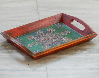 Wooden Decorative Tray, Painted Tray, Home Decor, Handmade Hand Painted, Traditional Indian Style, Table Decor, Housewarming Gift