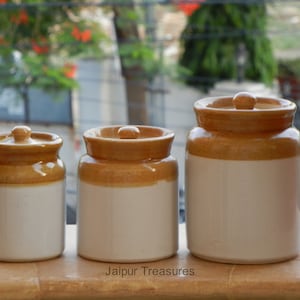 Handgefertigte Keramik Pickle Jar 3er-Set - Achaar Barni Container Kanister für die Aufbewahrung in der Küche und traditionelle indische Pickles