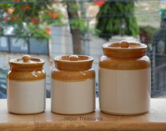 Ceramic Handmade Indian Pickle Jar, Achaar Barni, Container, Canister - Set Of 3