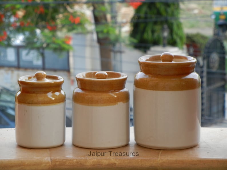 Ceramic Handmade Indian Pickle Jar, Achaar Barni, Container, Canister Set Of 3 image 1