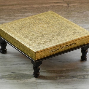 Wooden and Brass Indian Chowki Low Table Bajot Footstool Bed Table Coffee Table Traditional Furniture
