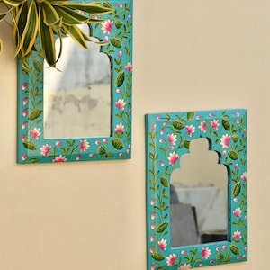 Wooden Painted Wall Mirror, Indian Traditional Ethnic Style, Handmade and Hand Painted, Wall Decor, Wall Hanging - Set Of 2