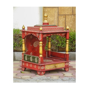 Wooden Home Temple, Painted Mandir, Pooja Ghar, Mandapam for Worship, Handmade Hand Painted, Indian Style, Red Color, Height 32 Inches