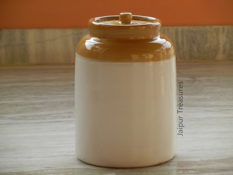 Ceramic Handmade Indian Pickle Jar, Achaar Barni, Container, Canister, Height : 11 Inches image 3