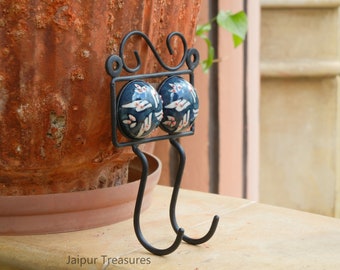 Ceramic Wall Hanger With 2 Hooks, Decorative Hooks, Coat Hanger, Handmade, Teal Color, Indian Style