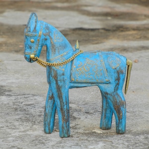 Wooden & Brass Distress Horse Statue, Painted Showpiece, Home Decor, Handmade Indian Style, Rustic Finish, Blue Color,Height 6.5 Inches