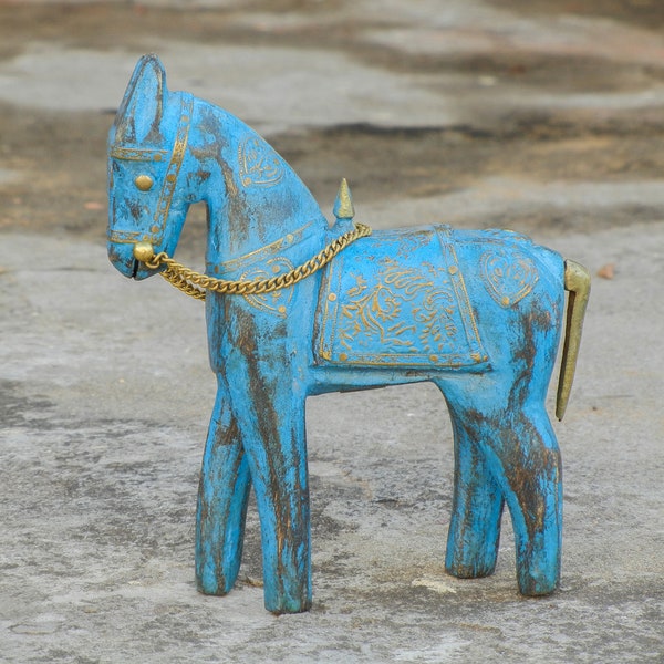 Wooden & Brass Distress Horse Statue, Painted Showpiece, Home Decor, Handmade Indian Style, Rustic Finish, Blue Color,Height 6.5 Inches