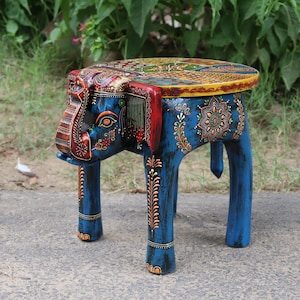 Hand Painted Wooden Elephant Stool Blue Decorative Accent Table Indian Boho Furniture Side Table Unique Artistic Home Decor Gift