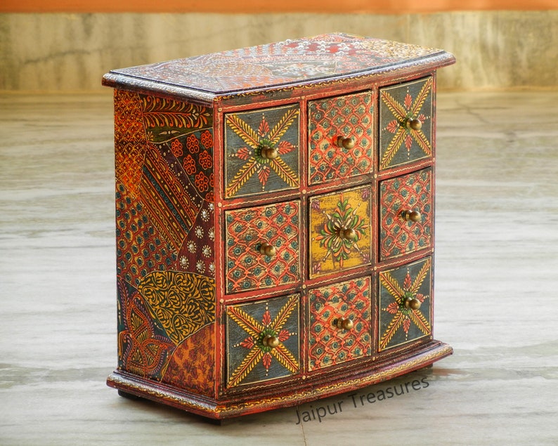 Wooden Small Chest Of Drawer, Desk Organiser, Handmade Hand shops Painted, Ethnic Indian Style