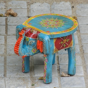 Wooden Elephant Stool Side Table - Indian Style Kids Ottoman Pouffe, Footstool, Mini Bench Chair, Decorative End Table