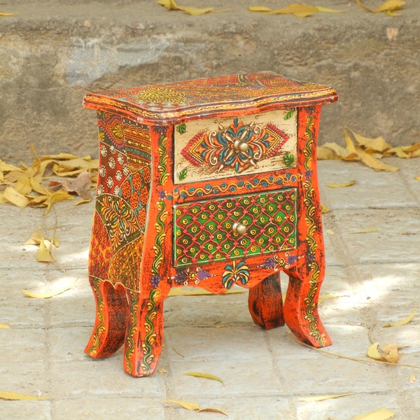 Bois Petit 2 commodes, organisateur de bureau, peint à la main à la main, style ethnique indien