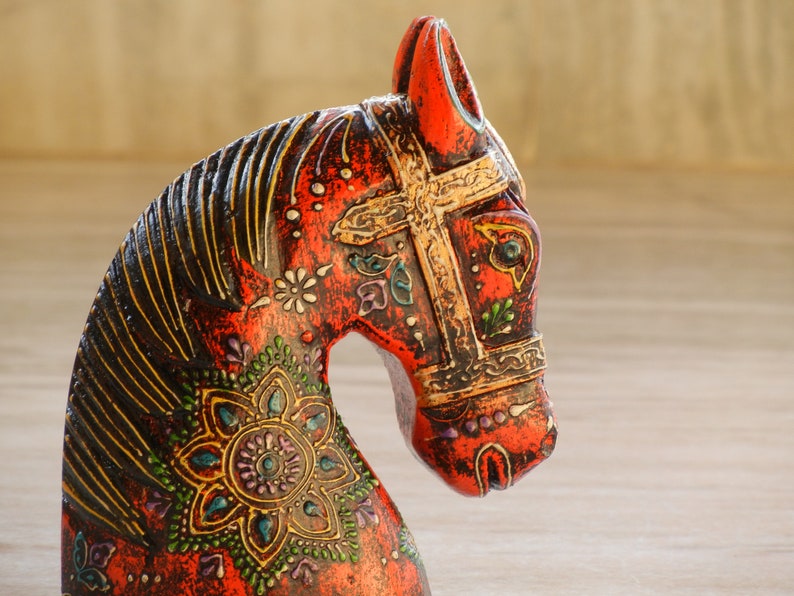 Wooden Colorful Horse Head, Statue, Figure, Showpiece, Home Decor, Handmade Hand Painted, Traditional Indian Style, Height 6 Inches image 2