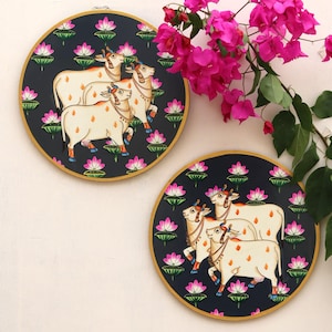 Hand-Painted Wooden Wall Plates – Traditional Indian Pichwai Art – Ethnic Wall Hanging Set of 2 – Boho Home Decor – Artisan Wall Plates