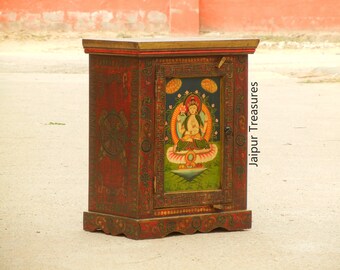 Holz Nachttisch, Schrank, Indischer Ethno Stil, Ablagetisch, Schlafzimmer Möbel, handgemalt