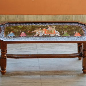 Wooden Foldable Table & Stool Handmade Hand-Painted Indian Ethnic Style Coffee Bedside Table