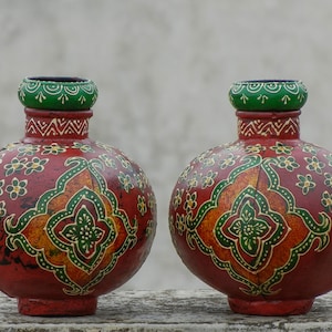 Metal Colorful Flower Pot, Handi, Vessel, Flower Vase, Hand Painted, Indian Style, Set Of 2