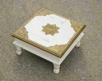 Wooden Distress Finish Rustic Indian Chowki, Bajot, Footstool, Low Table, Bed Table, Coffee Table With Brass Work, Handmade