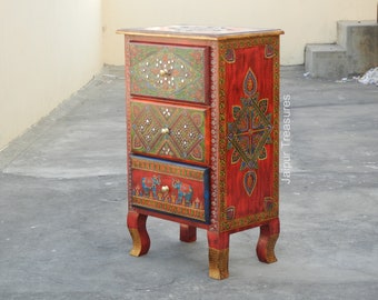 Wooden Indian Bedside Table With 3 Drawers, Nightstand, Side Table, Storage Table, 3 Drawer Chest, Handmade Hand-Painted, Red Color