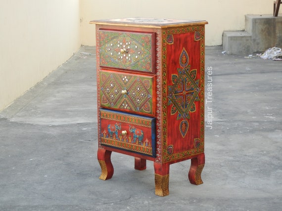 Wooden Handmade Hand Painted Colorful Indian Ethnic Bedside Wooden Handmade Hand Painted Colorful, Hand Painted Indian Bedside Cabinet