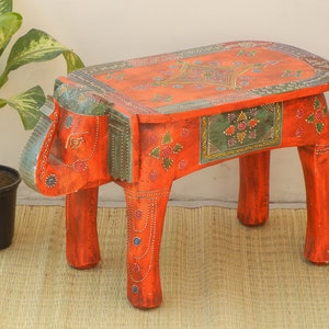 Wooden Elephant Stool Side Table - Hand Painted Ethnic Indian Ottoman Pouffe Footstool Bench Chair