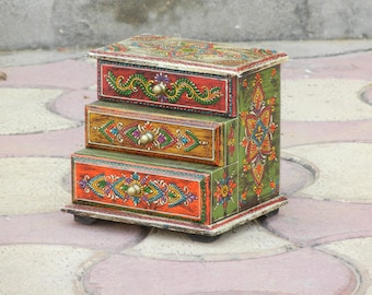 Wooden Small 3 Chest Of Drawer, Desk Organizer, Handmade Hand Painted, Ethnic Indian Style